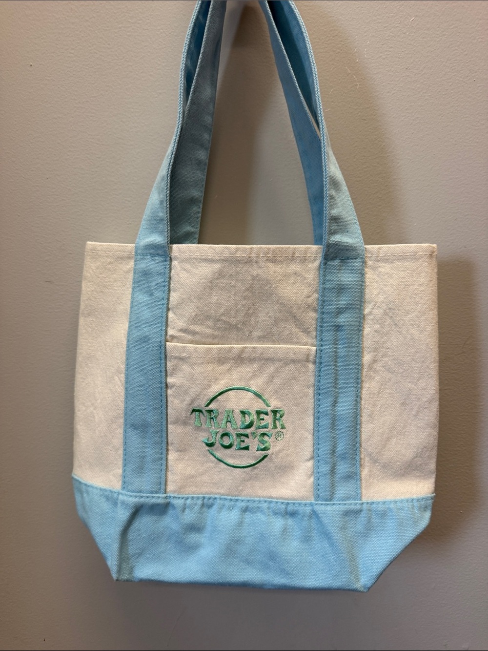 Trader Joe's Cream and Light Blue Canvas Tote